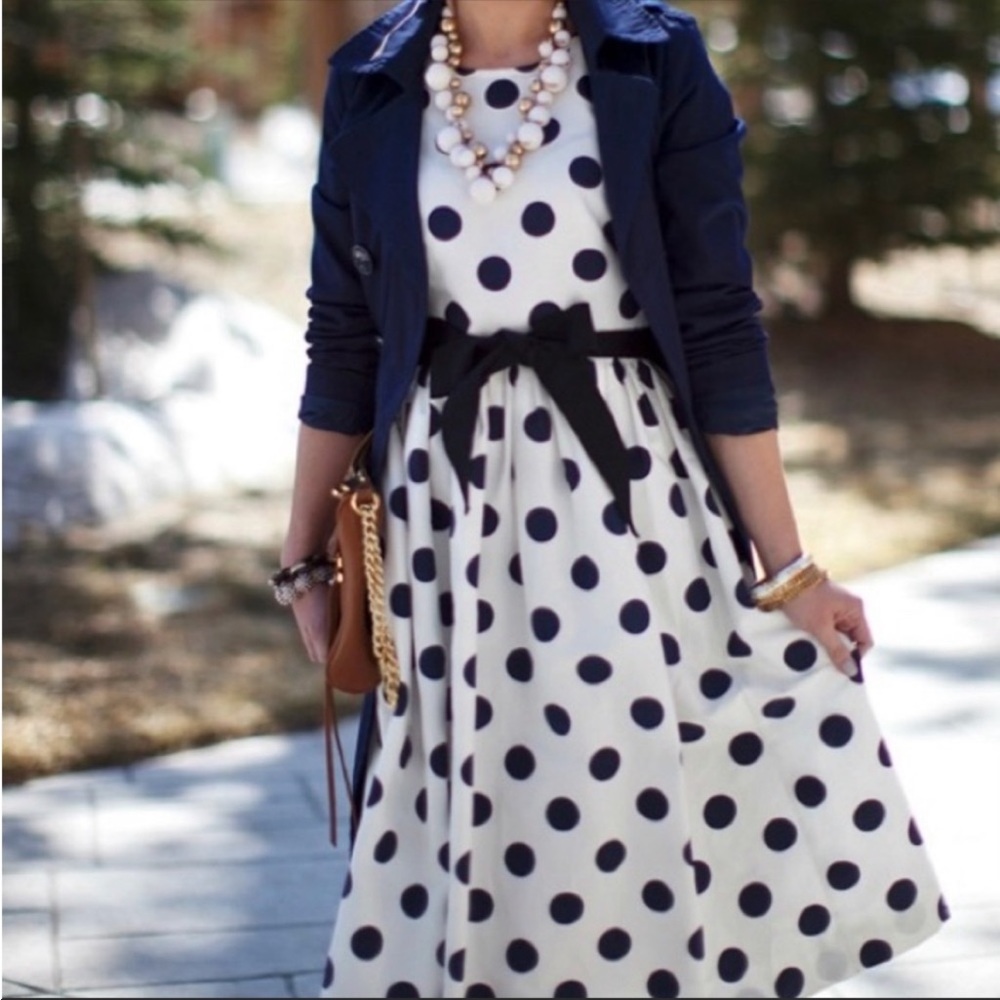 J.Crew Polka Dots Dress with Navy Belt with pockets!